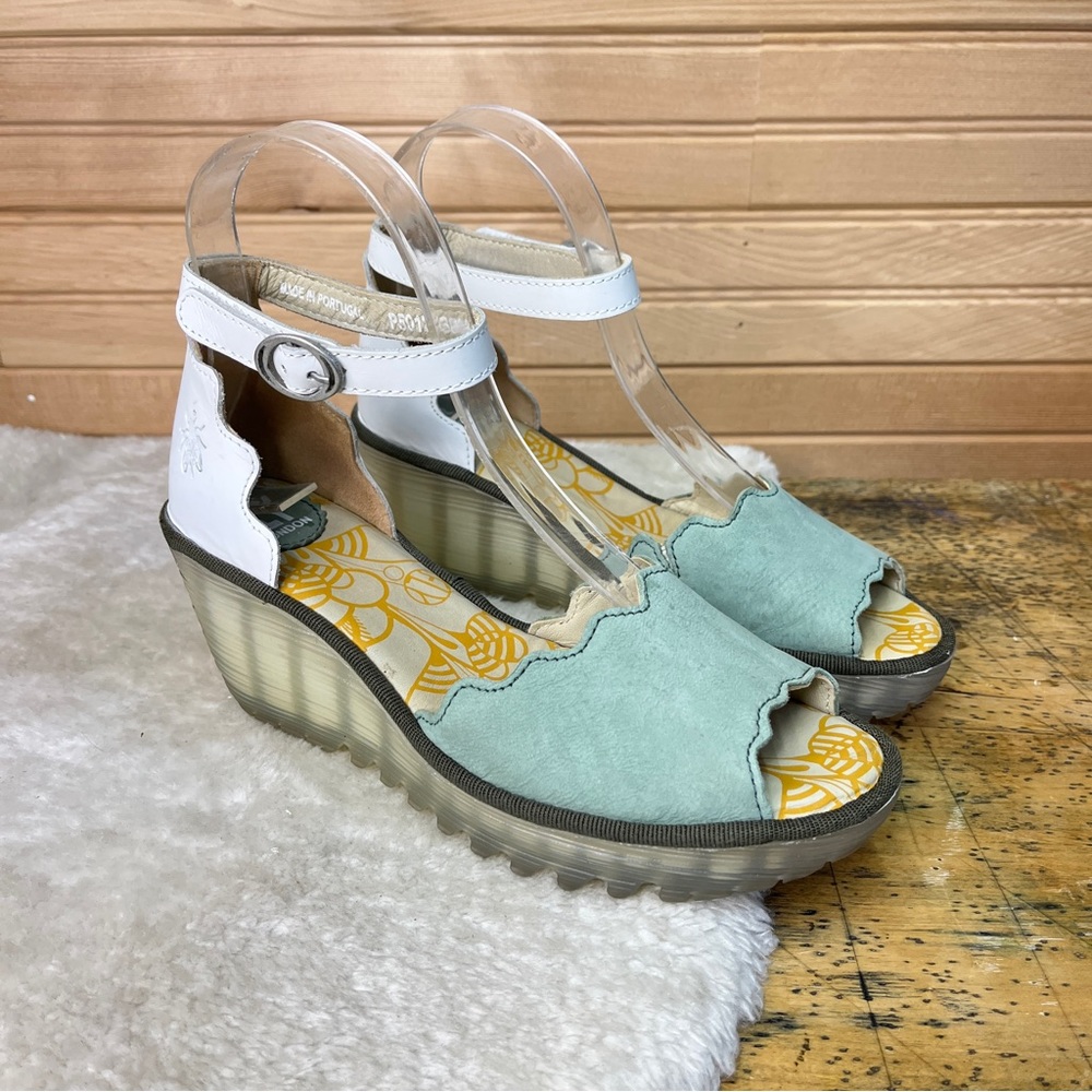 Fly London Mint and White Wedge Sandals